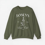 Olijfgroene sweater met ronde hals en opdruk van fles en wijnglas op de borst