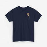 T-shirt navy met kleine goudgele bloemprint links op de borst