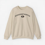 Beige trui met ronde hals en borstprint “Interieurontwerpster” met NI-logo