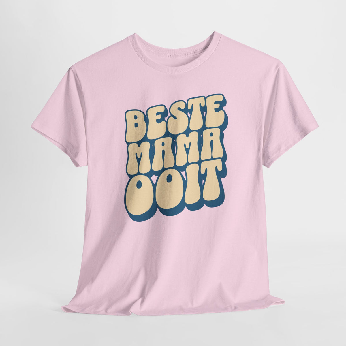 Roze T-shirt met borstprint “BESTE MAMA OOIT” in geel en blauw