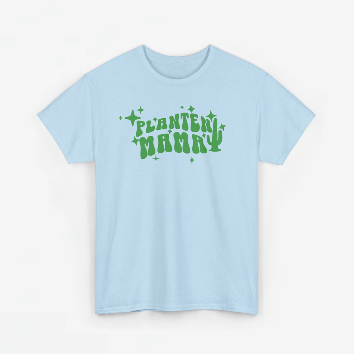 Lichtblauw T-shirt met ronde hals en groene "PLANTEN MAMMA" print