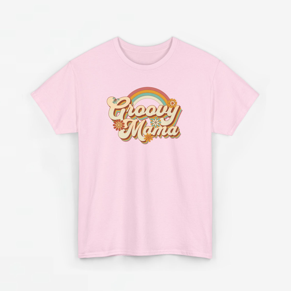 Roze T-shirt met ronde hals en kleurrijke “Groovy Mama” opdruk op de borst