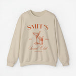Zandkleurige sweatshirt met ronde hals en koperkleurige feestprint voorop