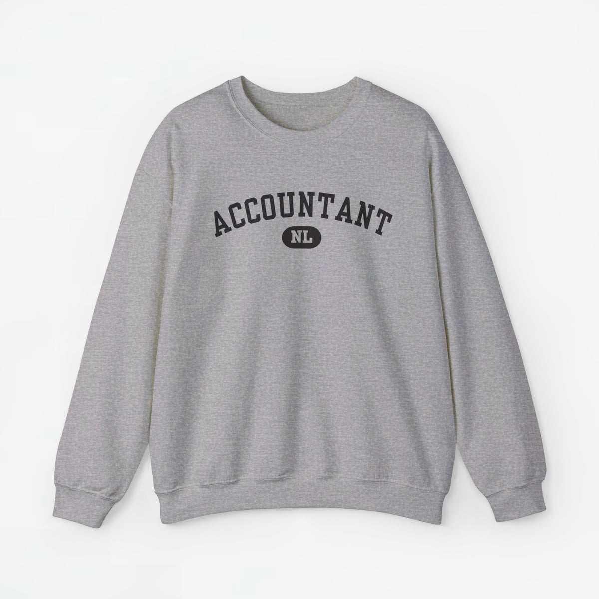 Lichtgrijze trui met opdruk 'ACCOUNTANT' en rond logo 'NL'.