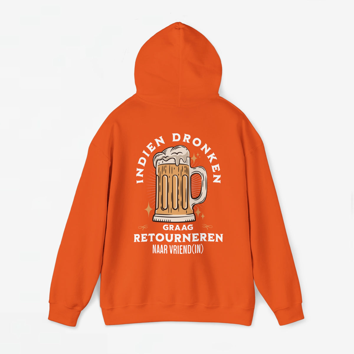 Oranje hoodie met capuchon; backprint met bierglas en tekst 'Retourneren'