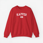 Rode sweater met ronde hals, lange mouwen en borstprint KAPPER met NL-badge.
