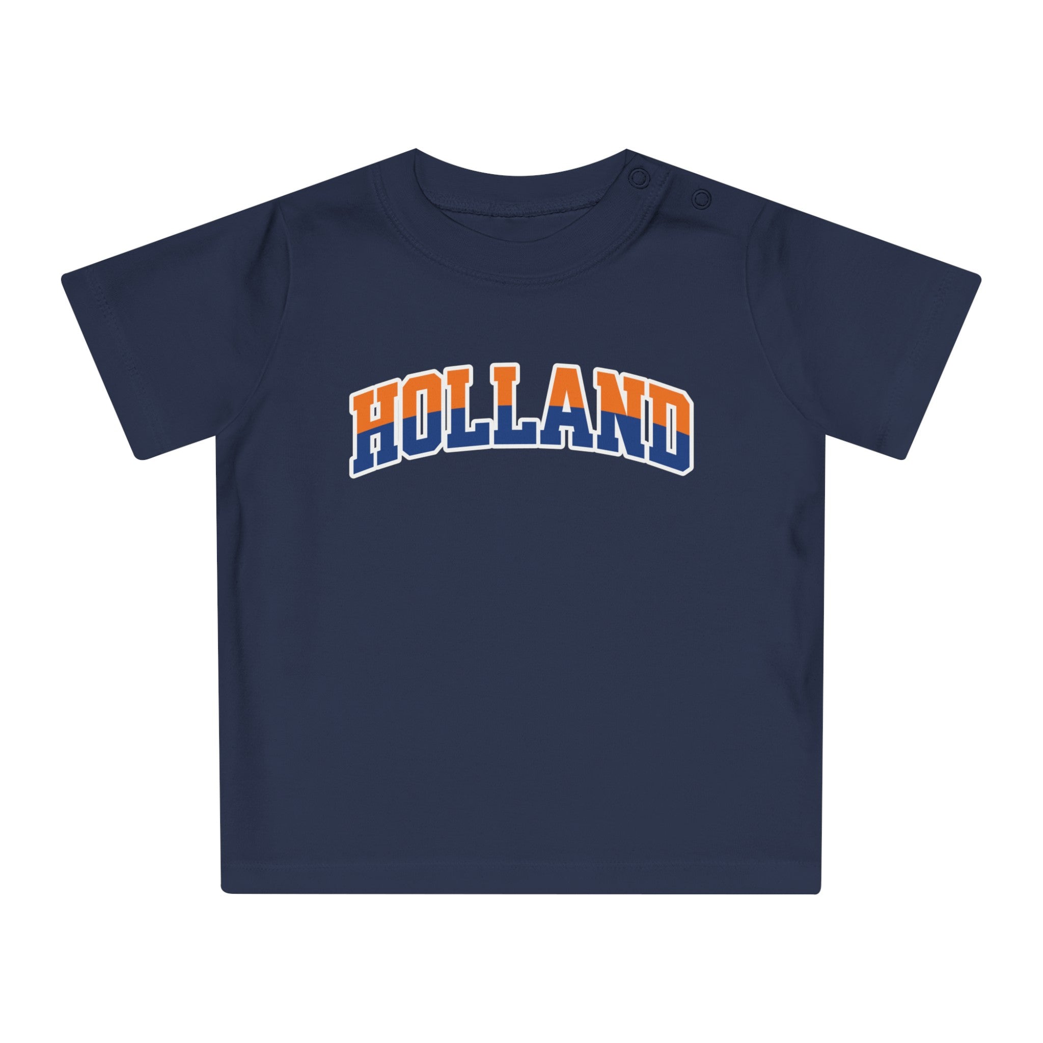 Baby T-shirt voor EK, WK en Koningsdag - HOLLAND - oranje en blauwe tekst