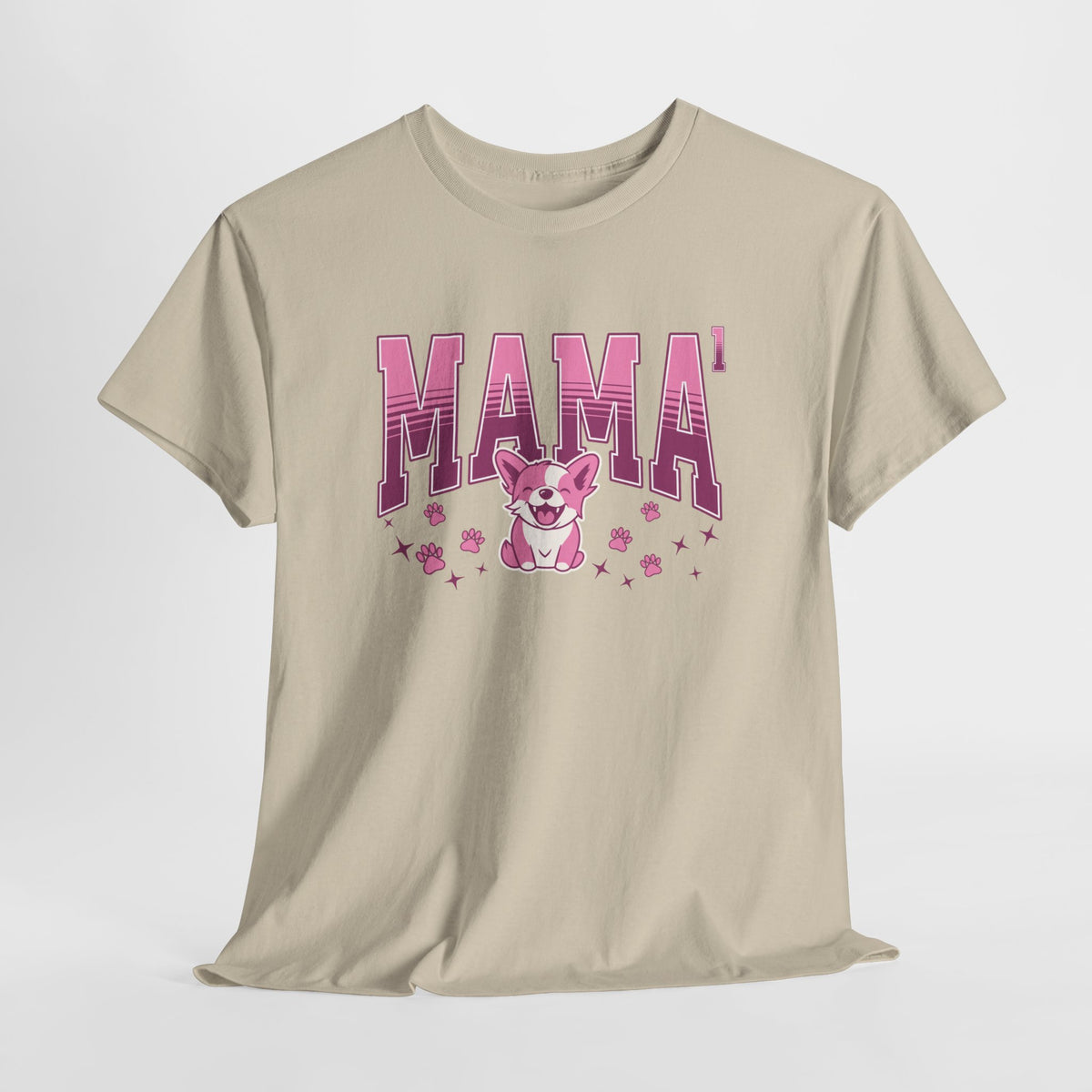 Beige t-shirt met ronde hals en grote roze “MAMA’”-print op de borst