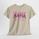 Beige t-shirt met ronde hals en grote roze “MAMA’”-print op de borst