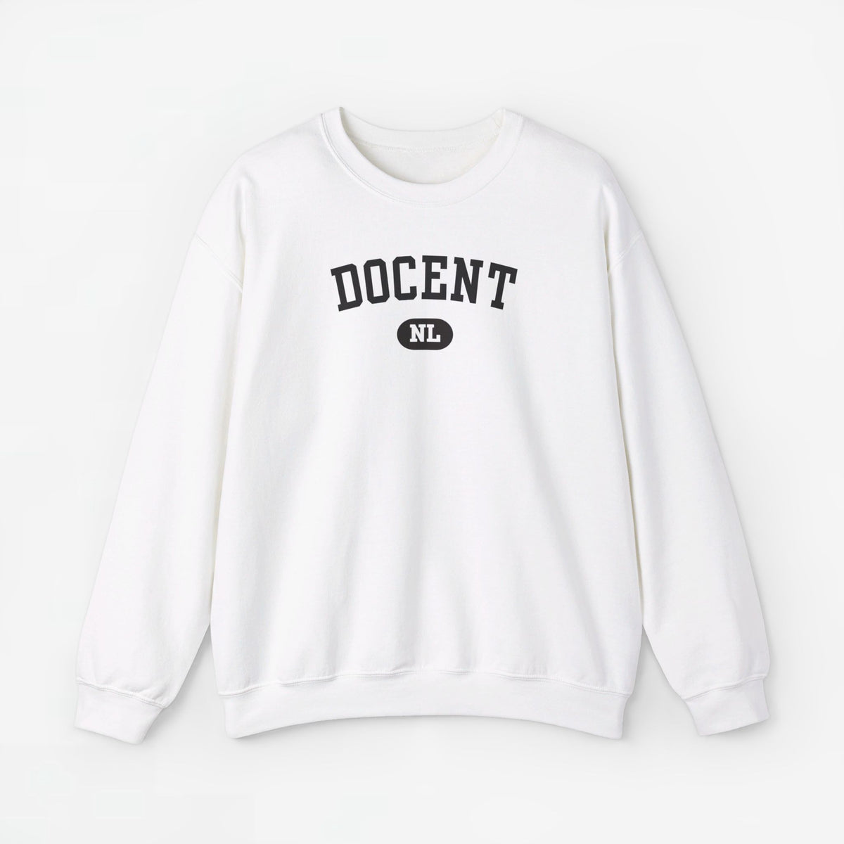 Witte sweatertrui met lange mouwen en DOCENT NL-print op de borst
