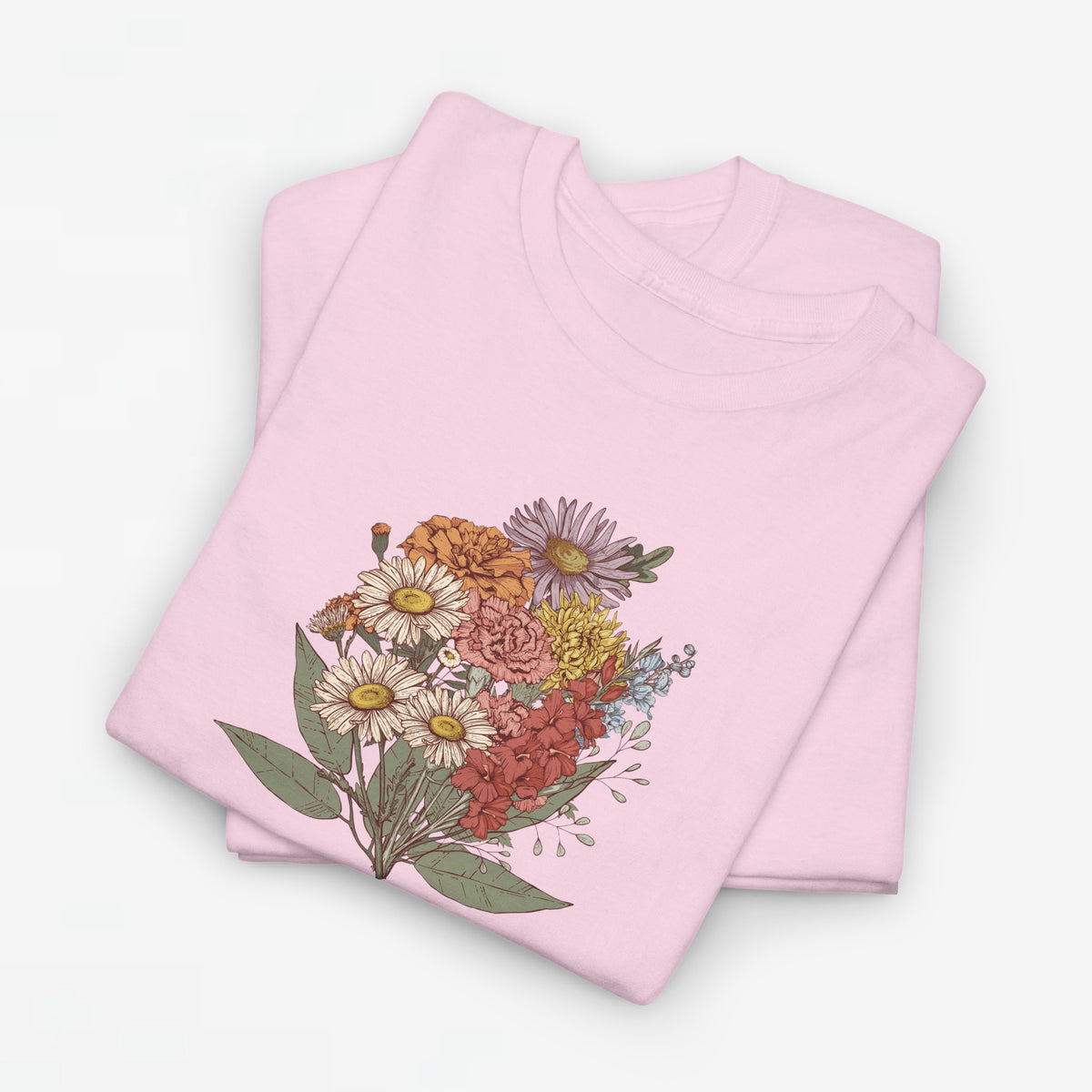 Lichtroze T-shirt met grote bloemenboeket-print op de voorkant