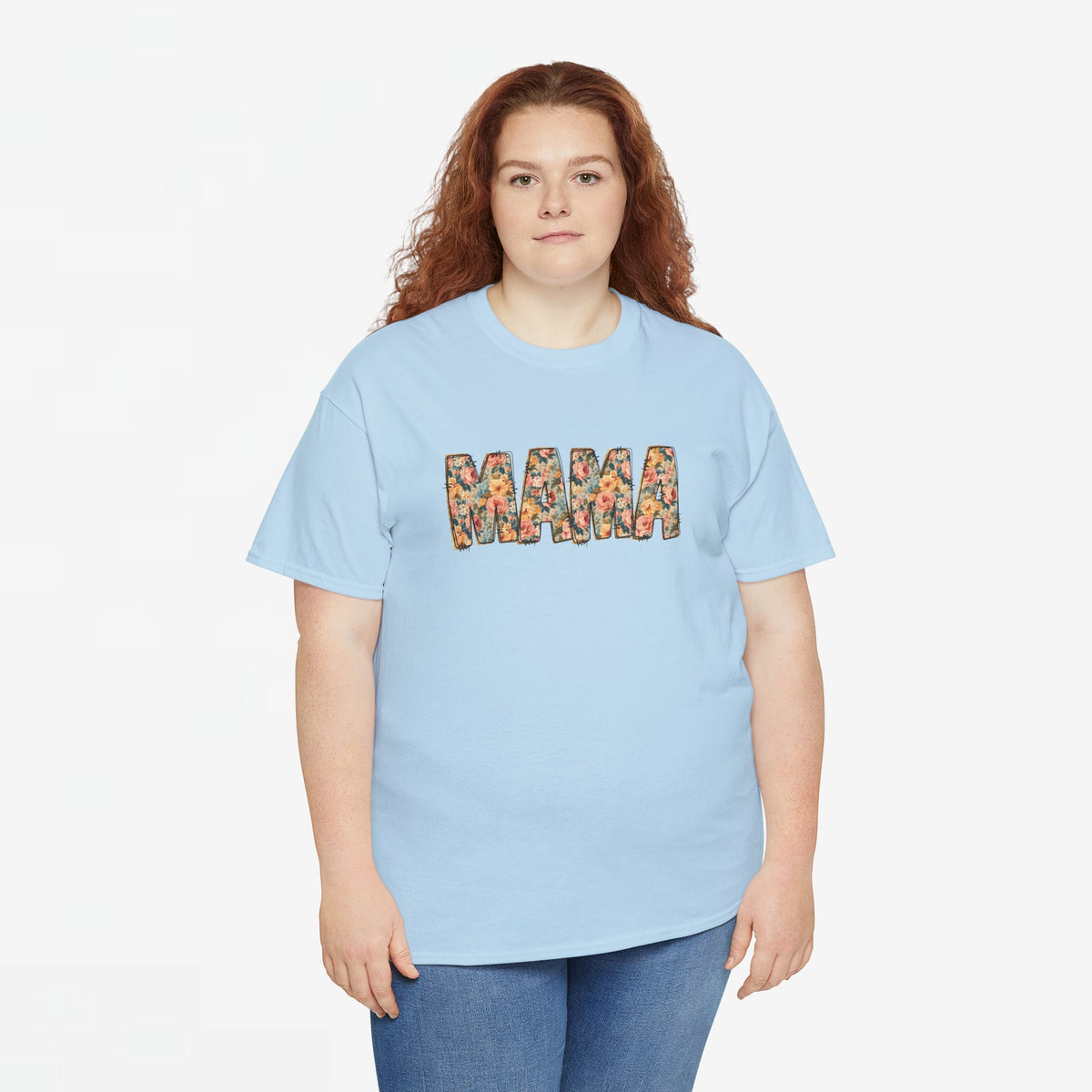Oversized lichtblauw t-shirt met ronde hals en “MAMA” print op de borst