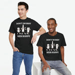 Zwarte oversized t-shirt met voorprint 'DON'T WORRY' en 'BIER HAPPY', gedragen door twee mannen