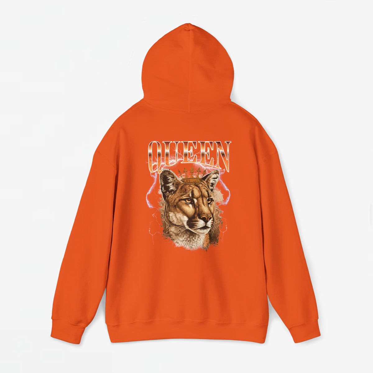Oranje hoodie met capuchon en achterprint met tekst QUEEN en leeuwenkop