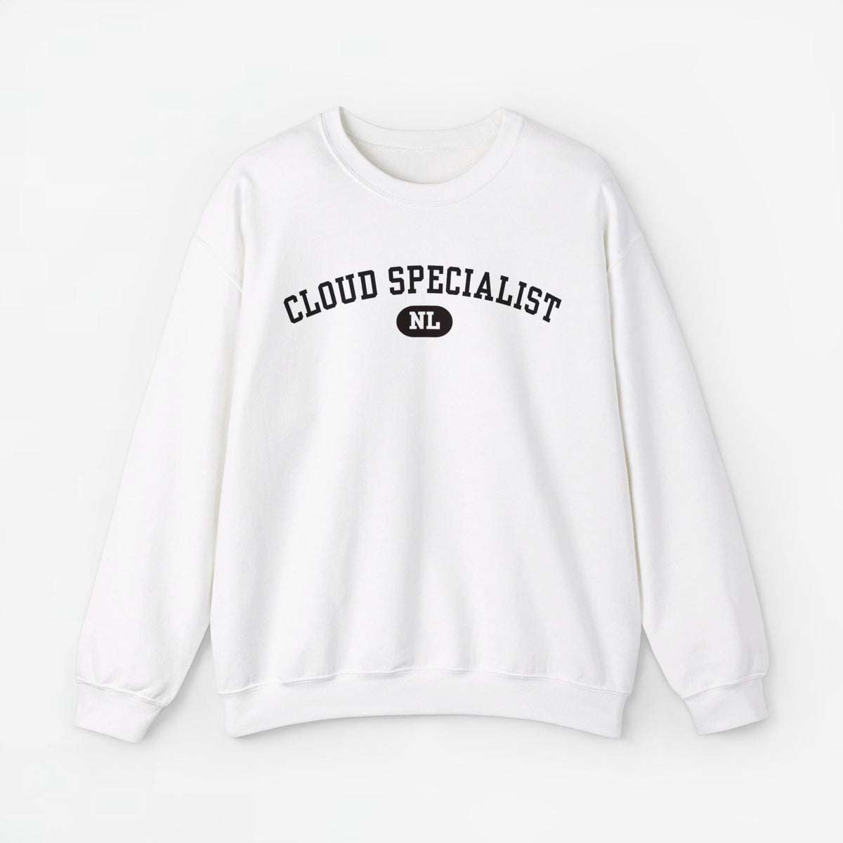Witte sweater met ronde hals, lange mouwen en 'Cloud Specialist NL'-print
