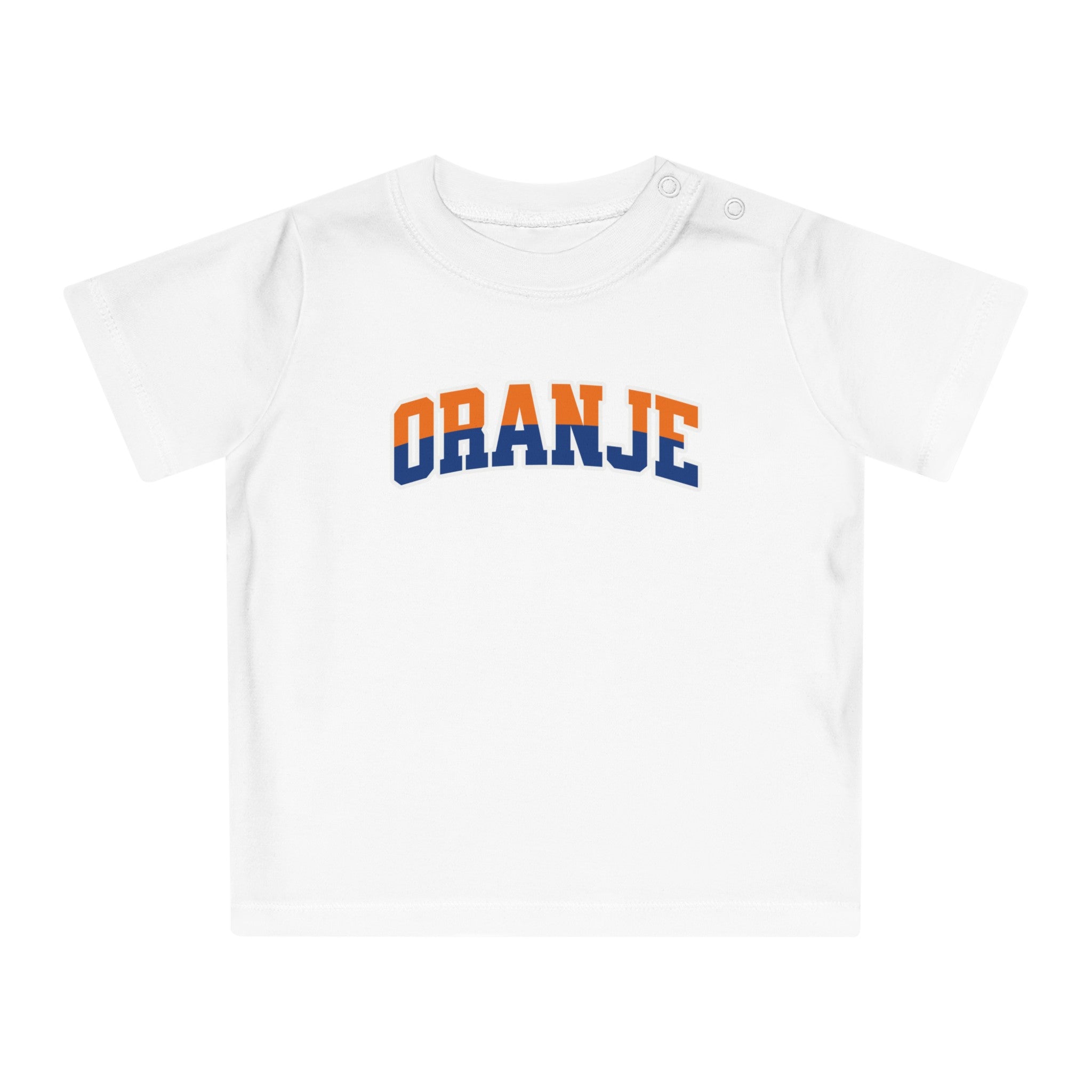 Baby T-shirt voor EK, WK en Koningsdag - ORANJE - oranje en blauwe tekst