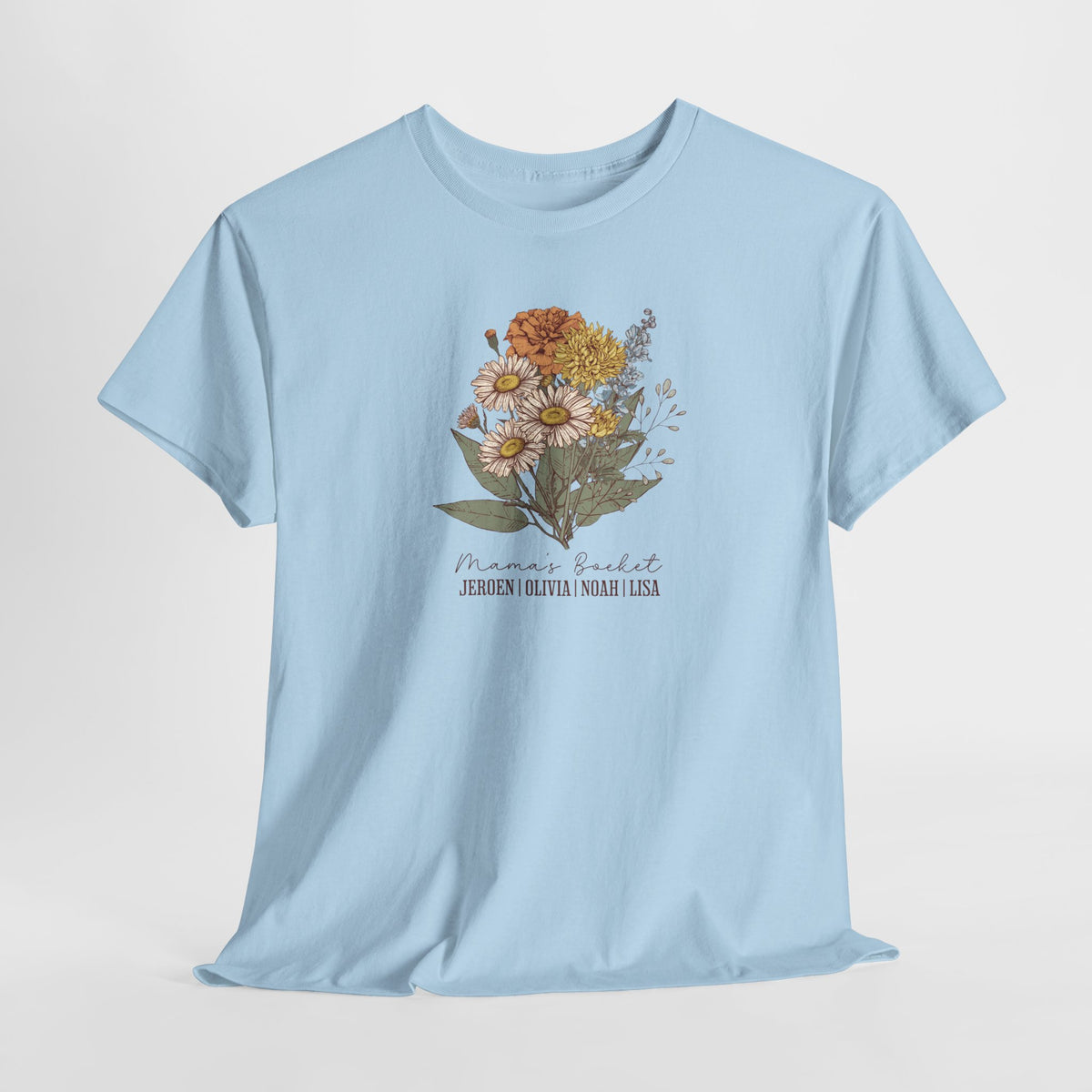 Lichtblauw T-shirt met bloemenboeketprint op de borst