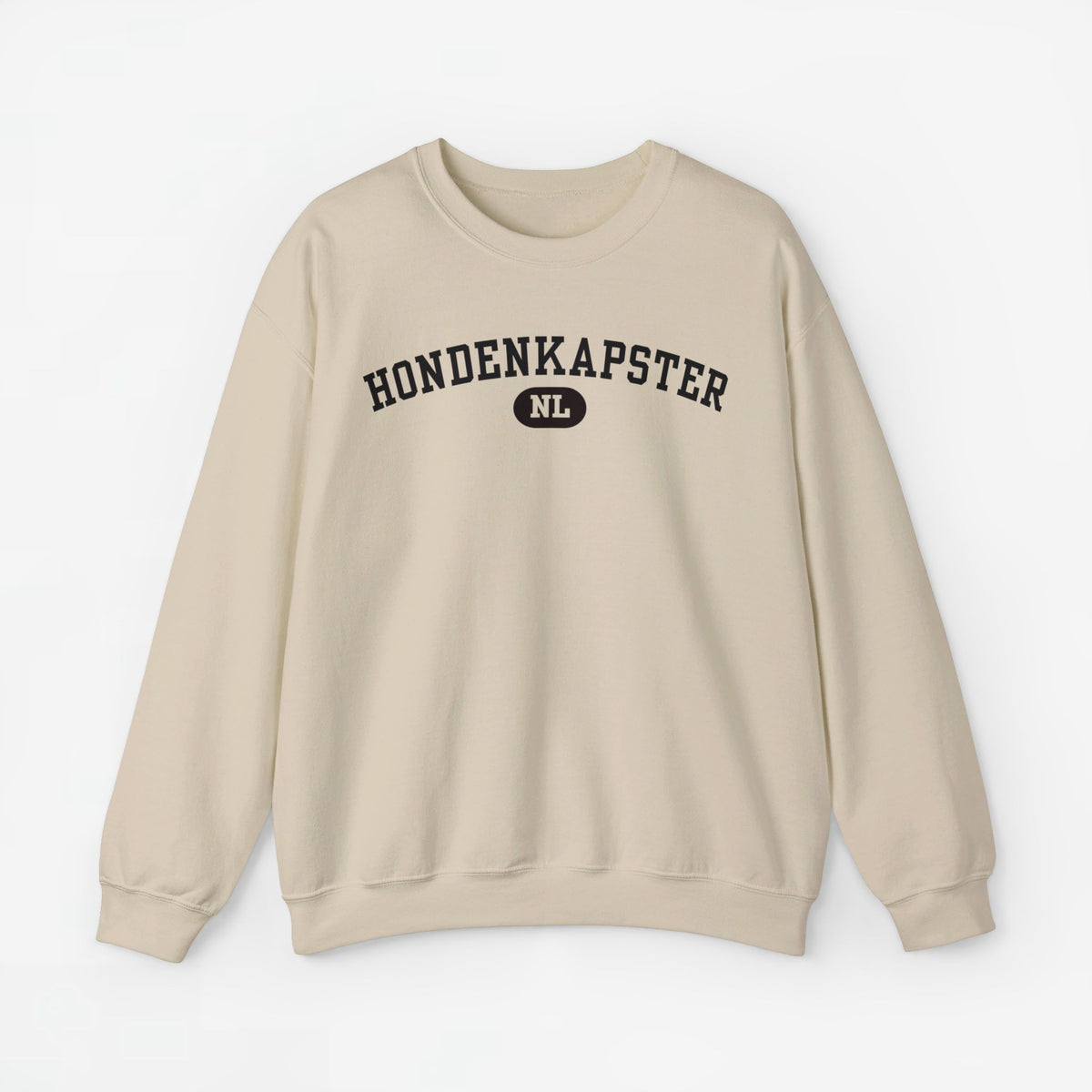 Beige sweatshirt met borstprint "HONDENKAPSTER" en "ND" in een cirkel