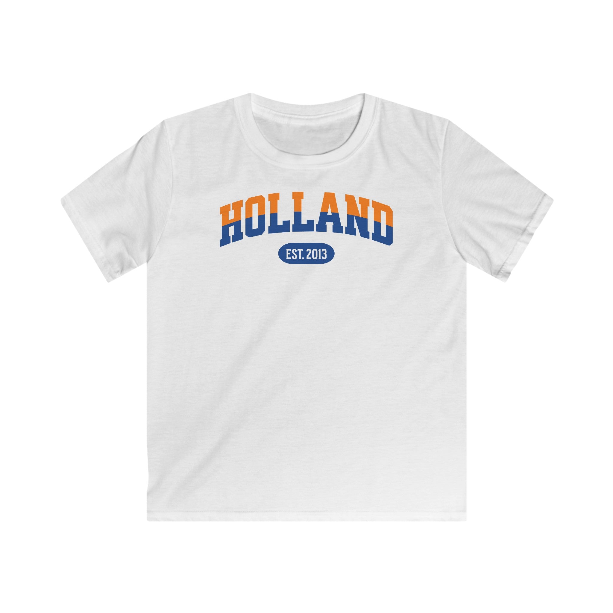 Kind Voetbal T-shirt - EK, WK en Koningsdag Kinderkleding - Personaliseer met Naam, Jaar & Rugnummer - HOLLAND (oranje en blauwe tekst)
