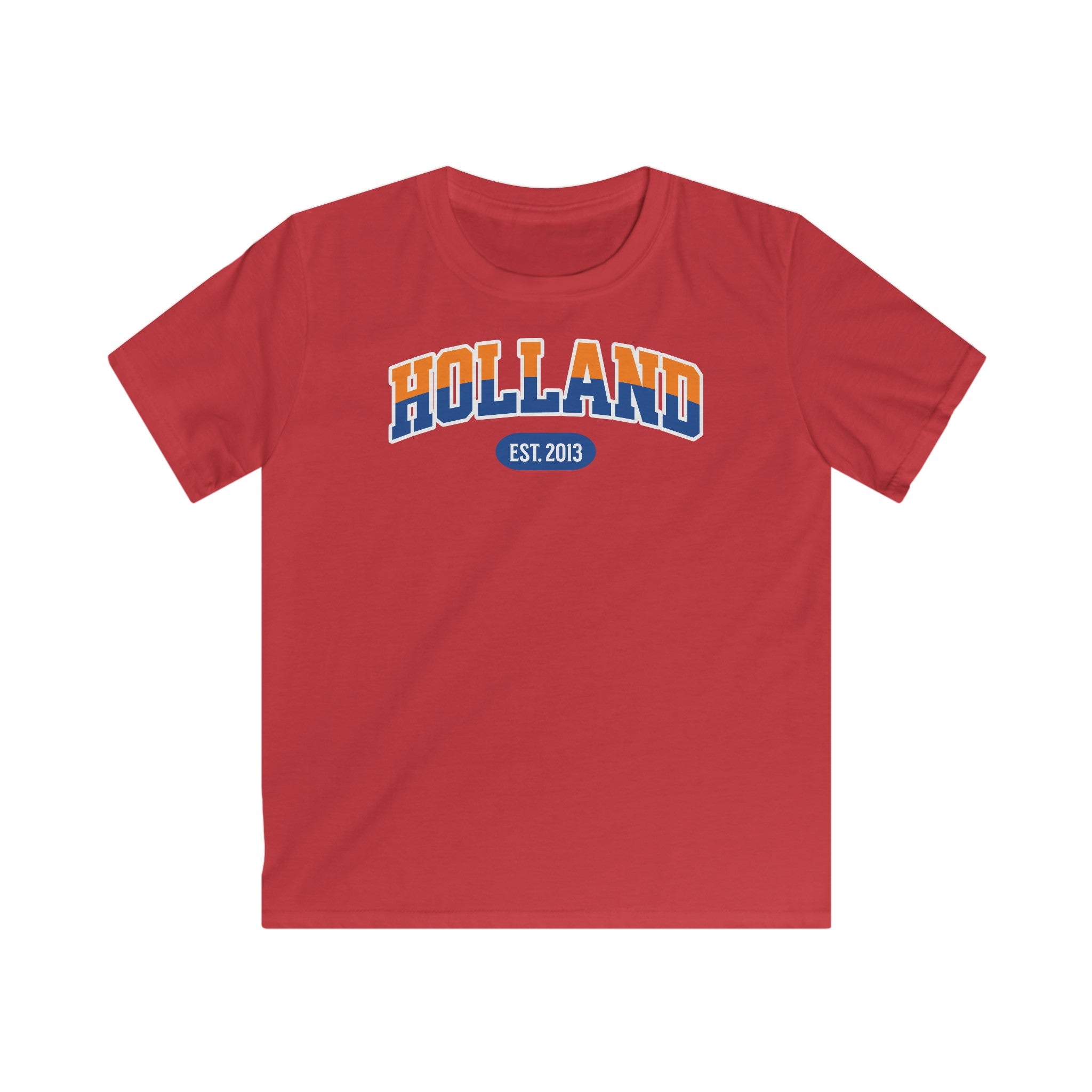 Kind Voetbal T-shirt - EK, WK en Koningsdag Kinderkleding - Personaliseer met Naam, Jaar & Rugnummer - HOLLAND (oranje en blauwe tekst)