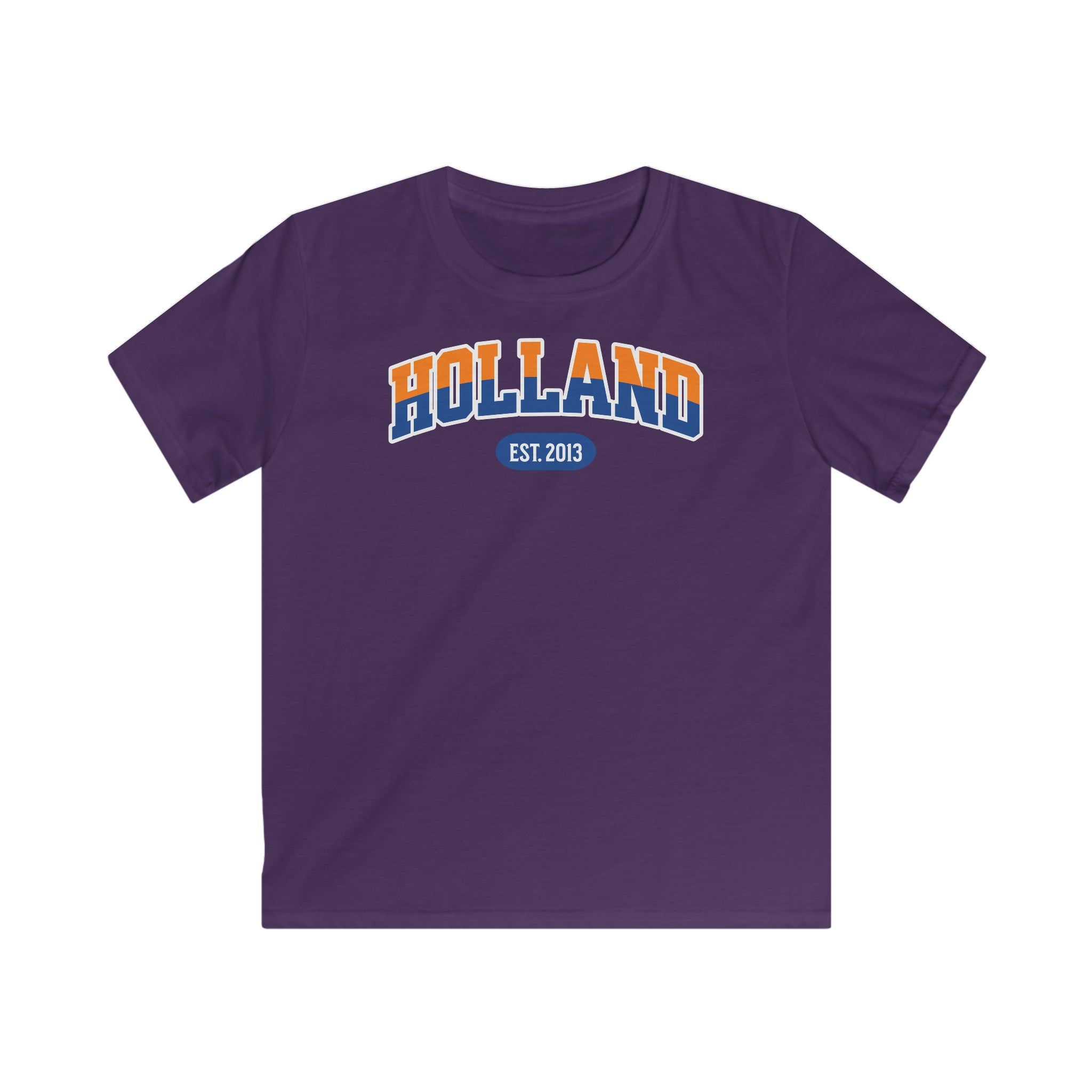 Kind Voetbal T-shirt - EK, WK en Koningsdag Kinderkleding - Personaliseer met Naam, Jaar & Rugnummer - HOLLAND (oranje en blauwe tekst)