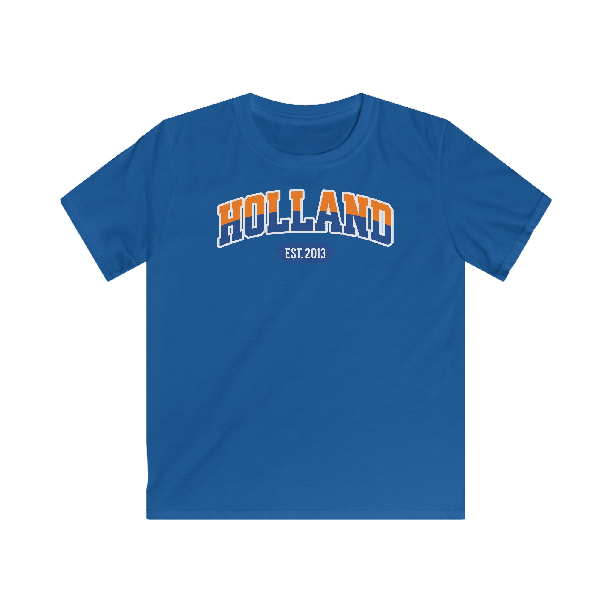Kind Voetbal T-shirt - EK, WK en Koningsdag Kinderkleding - Personaliseer met Naam, Jaar & Rugnummer - HOLLAND (oranje en blauwe tekst)