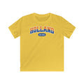 Kind Voetbal T-shirt - EK, WK en Koningsdag Kinderkleding - Personaliseer met Naam, Jaar & Rugnummer - HOLLAND (oranje en blauwe tekst)