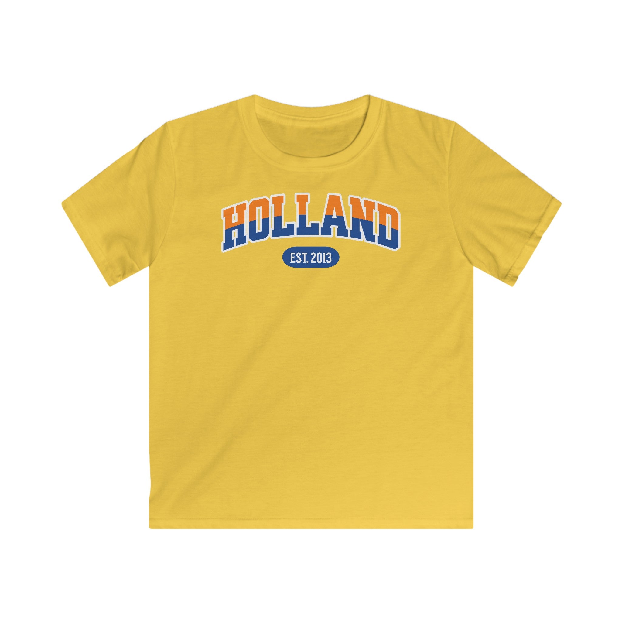 Kind Voetbal T-shirt - EK, WK en Koningsdag Kinderkleding - Personaliseer met Naam, Jaar & Rugnummer - HOLLAND (oranje en blauwe tekst)