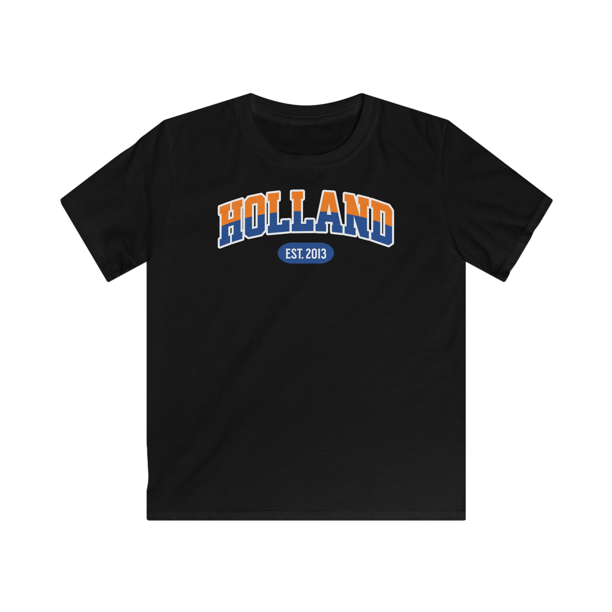 Kind Voetbal T-shirt - EK, WK en Koningsdag Kinderkleding - Personaliseer met Naam, Jaar & Rugnummer - HOLLAND (oranje en blauwe tekst)