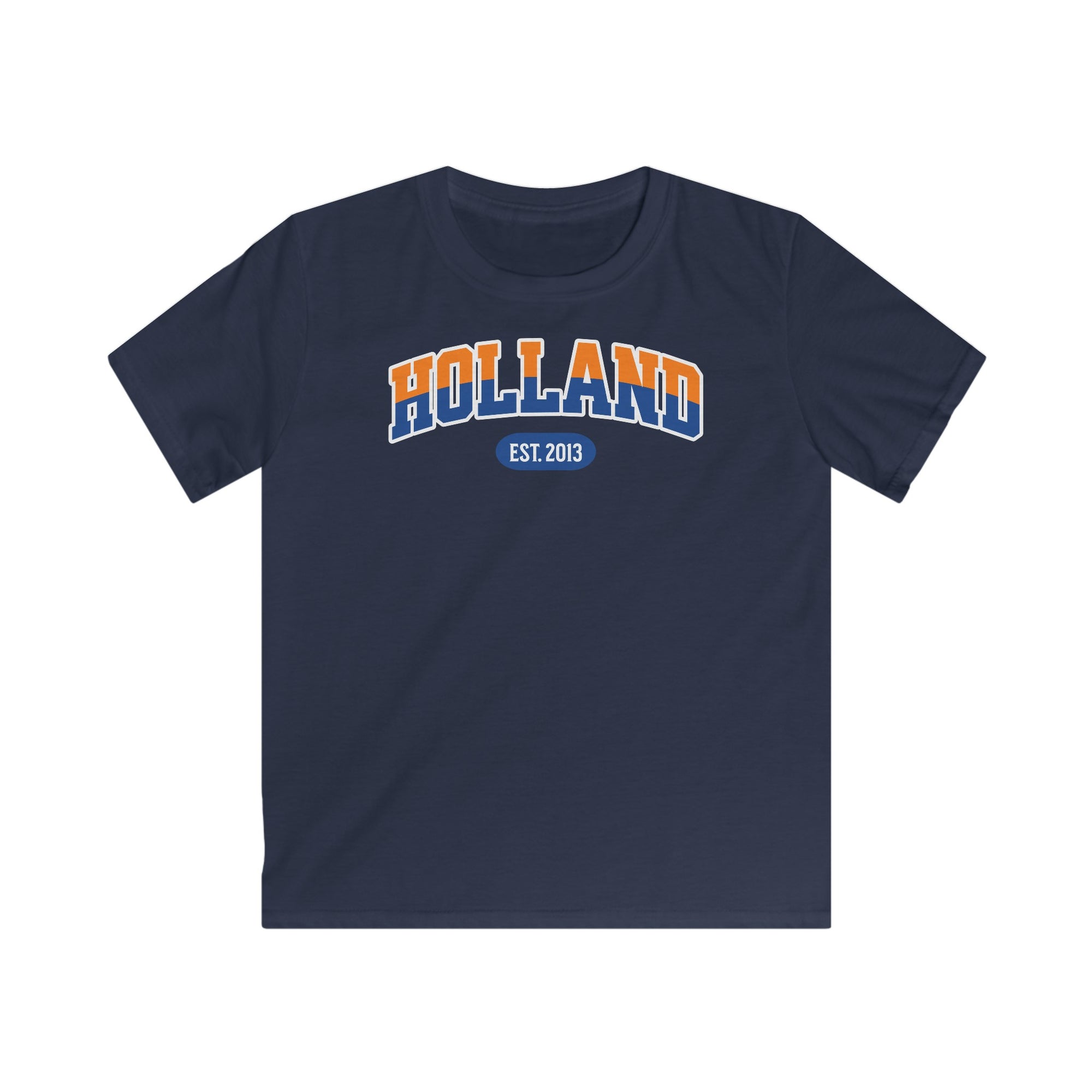 Kind Voetbal T-shirt - EK, WK en Koningsdag Kinderkleding - Personaliseer met Naam, Jaar & Rugnummer - HOLLAND (oranje en blauwe tekst)