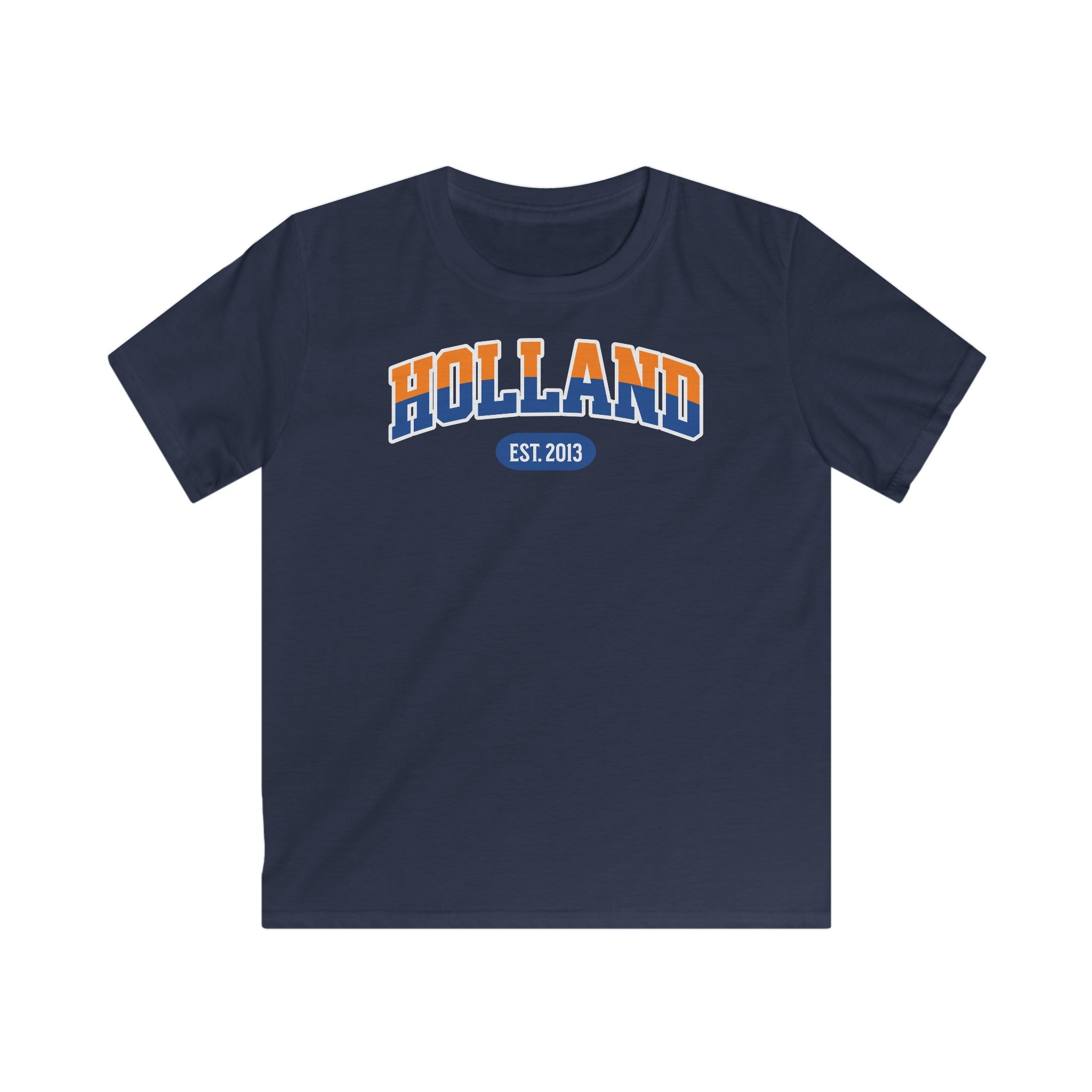 Kind Voetbal T-shirt - EK, WK en Koningsdag Kinderkleding - Personaliseer met Naam, Jaar & Rugnummer - HOLLAND (oranje en blauwe tekst)