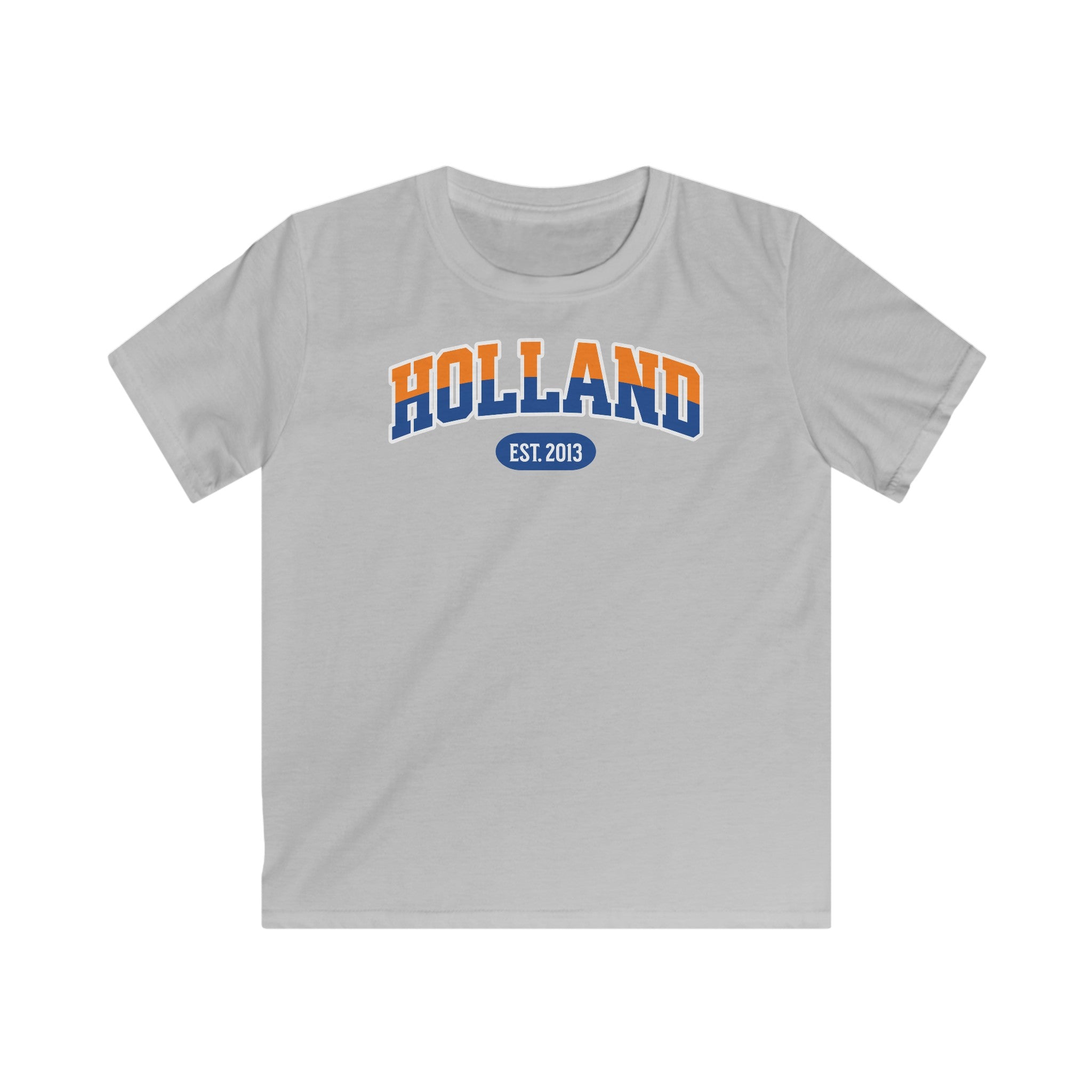 Kind Voetbal T-shirt - EK, WK en Koningsdag Kinderkleding - Personaliseer met Naam, Jaar & Rugnummer - HOLLAND (oranje en blauwe tekst)