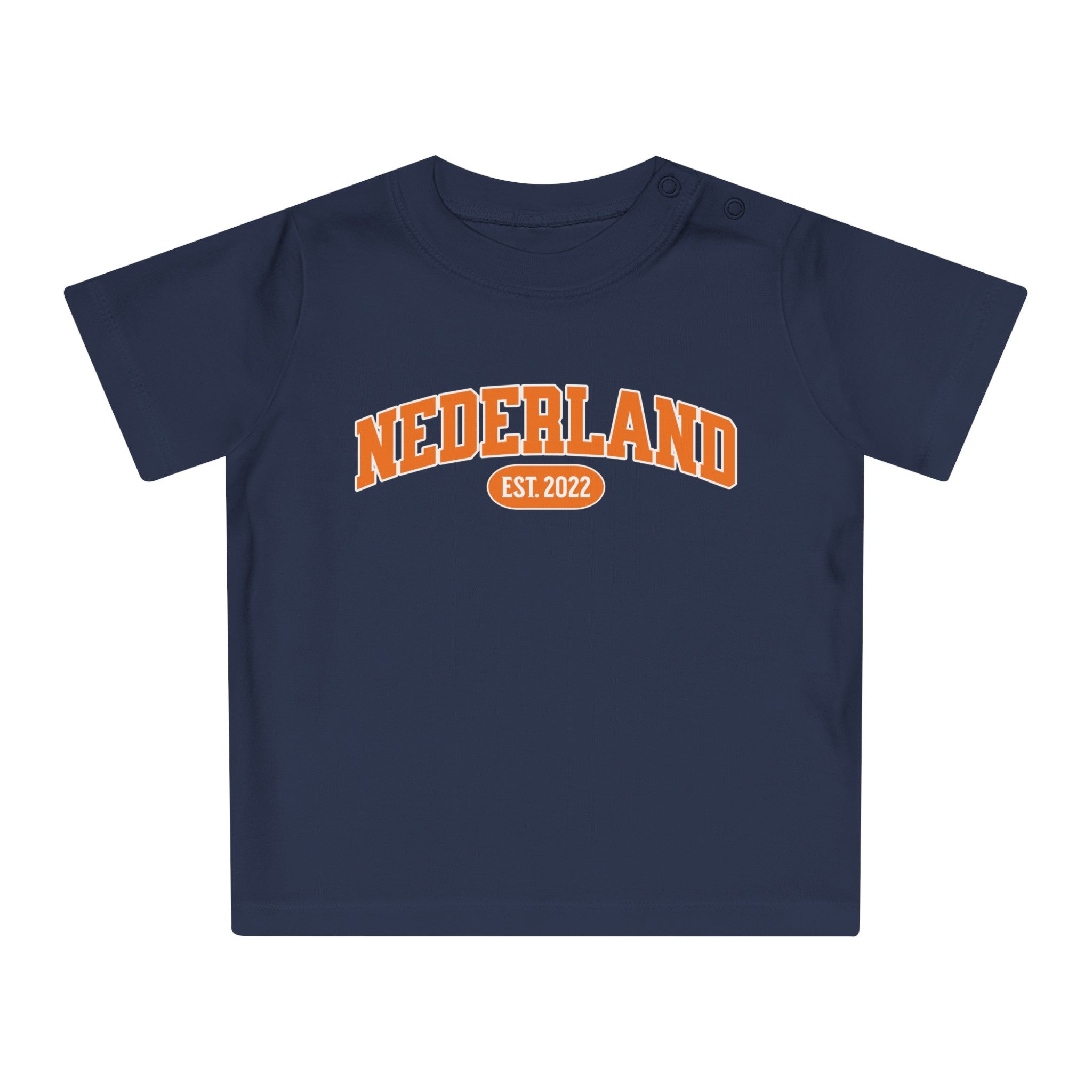 Baby T-shirt voor EK, WK en Koningsdag - Personaliseer met EST Jaar  - NEDERLAND (Voorkant)