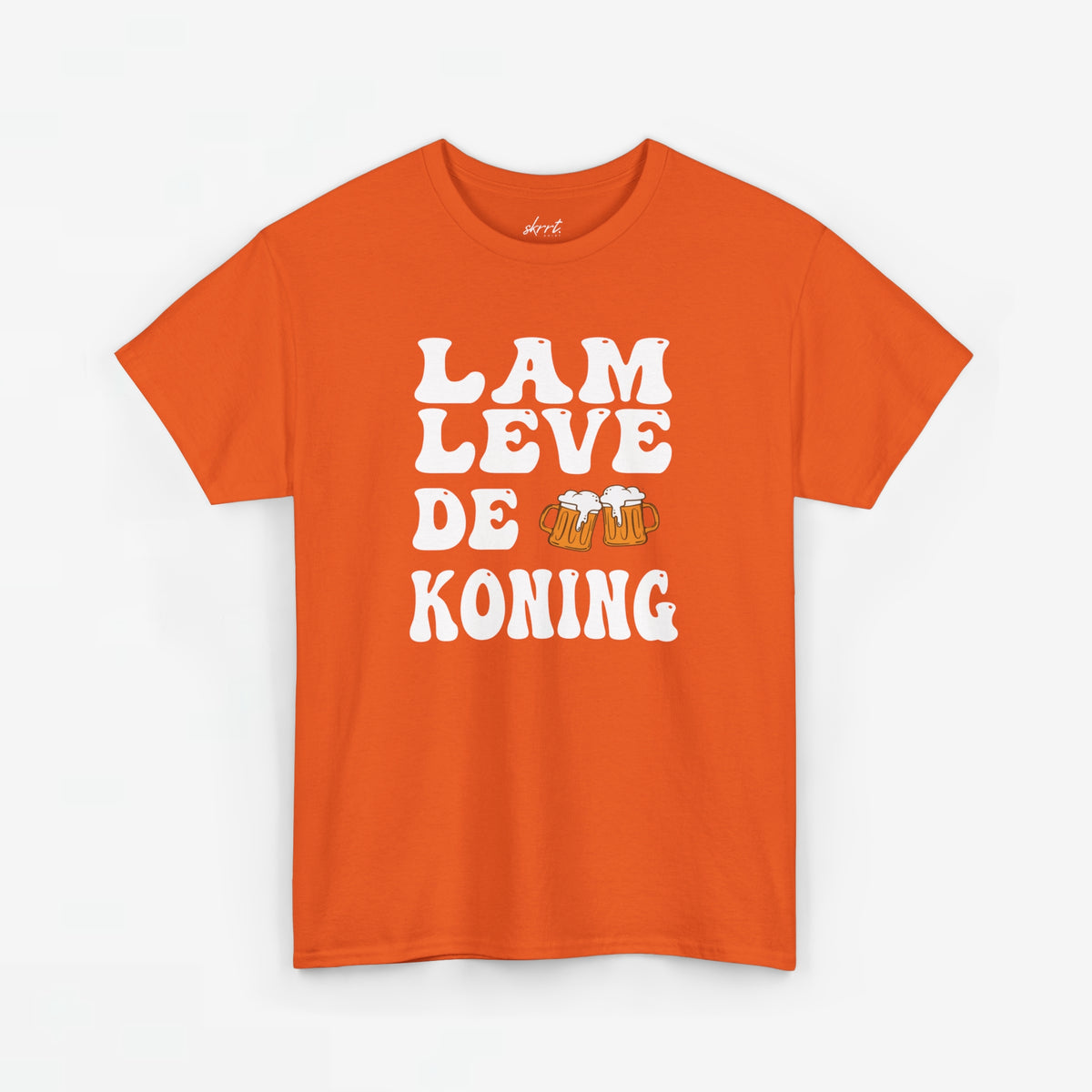 Heren oversized T-shirt oranje met witte tekstprint “LAM LEVE DE KONING” voorop