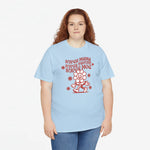 Lichtblauw oversized T-shirt met rode opdruk “Super mama, super vrouw, super moe”