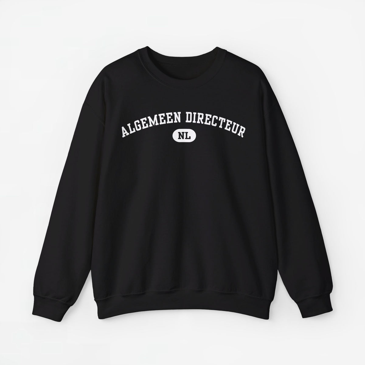 Zwarte sweater met ronde hals en borstprint 'ALGEMEEN DIRECTEUR' met NL-logo