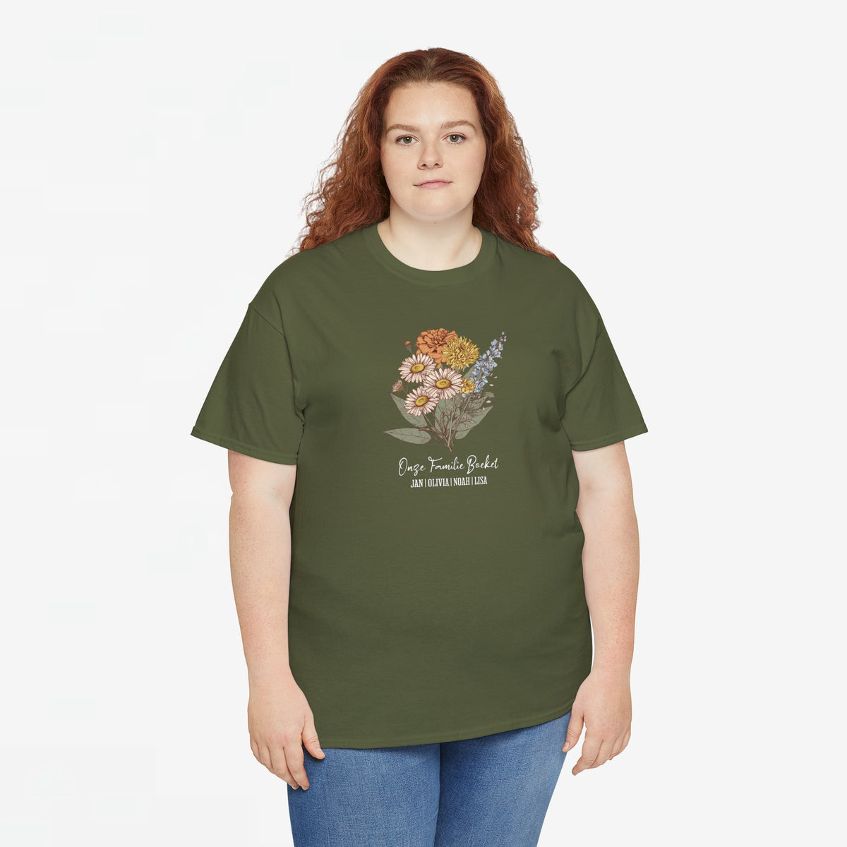 Legergroen T-shirt met bloemenboeketprint op de borst, korte mouwen