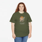Legergroen T-shirt met bloemenboeketprint op de borst, korte mouwen