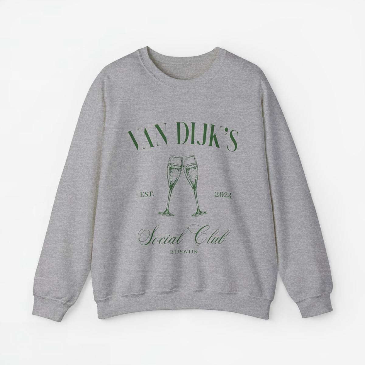 Lichtgrijze sweatshirt met opdruk VAN DIJK'S Social Club en twee champagneglazen