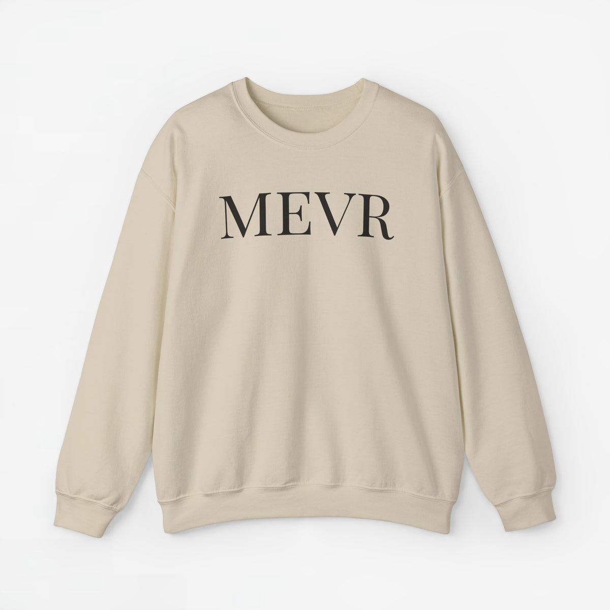 Beige sweatshirt met opdruk MEVR, ronde hals en lange mouwen.