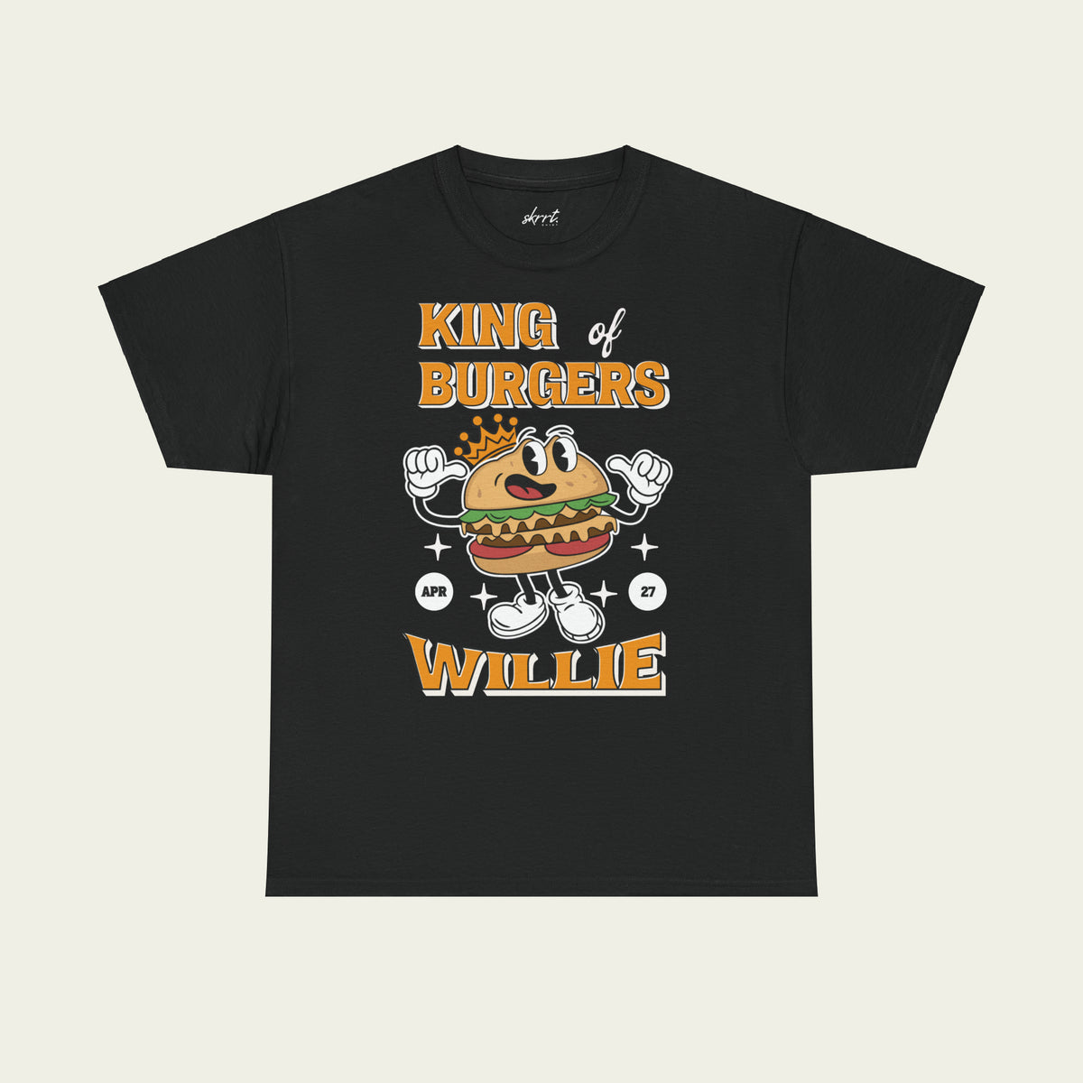 Zwart T-shirt met grote frontprint 'KING of BURGERS' en 'WILLIE' burgerfiguur