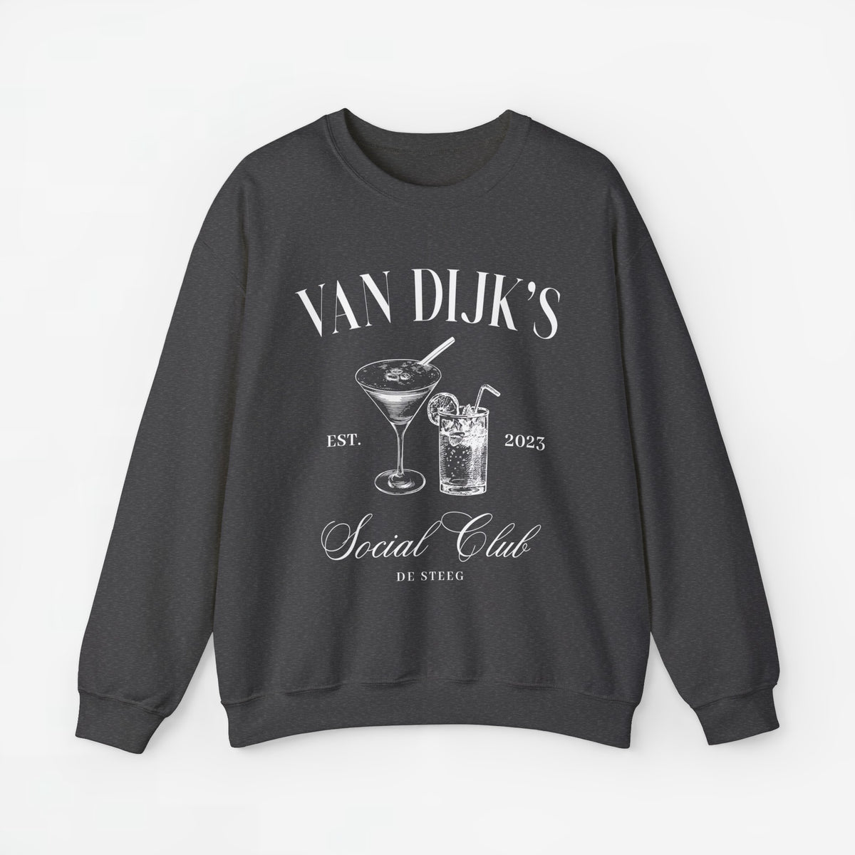 Donkergrijze sweatshirt met opdruk “Van Dijk's”, martini- en glasafbeeldingen, 2023