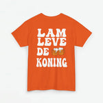 Oranje T-shirt met grote witte achterprint “LAM LEVE DE KONING” en biermotief.