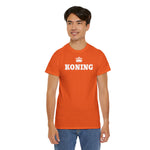 Oranje heren T-shirt met frontprint 'KONING' en kroon op borst