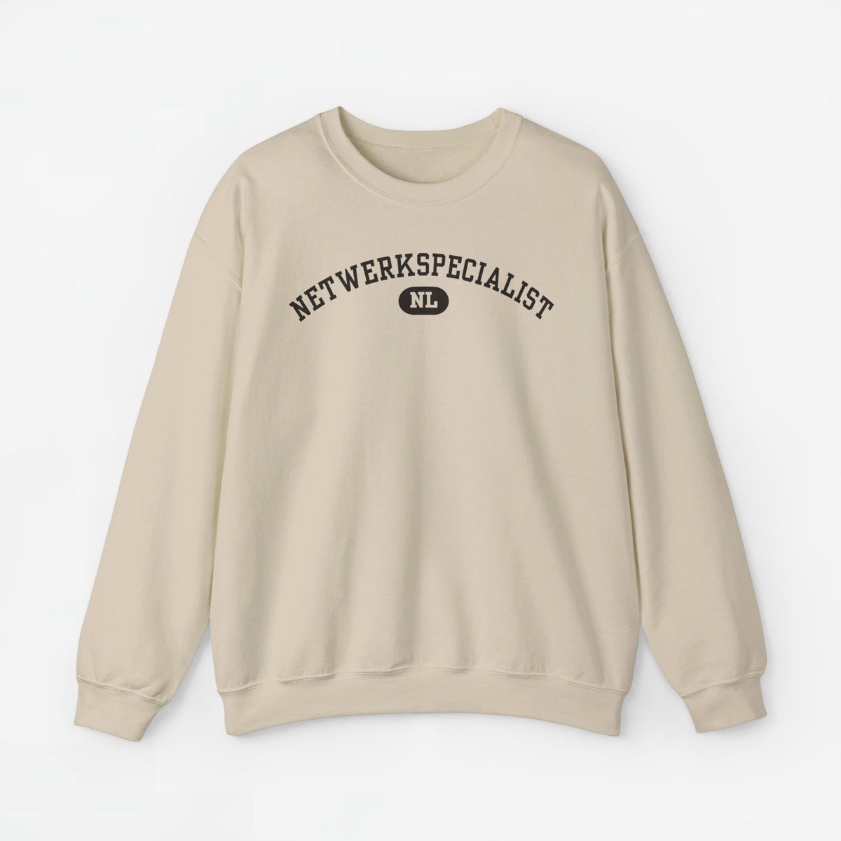 Beige trui met ronde hals en borstprint Netwerkspecialist NL