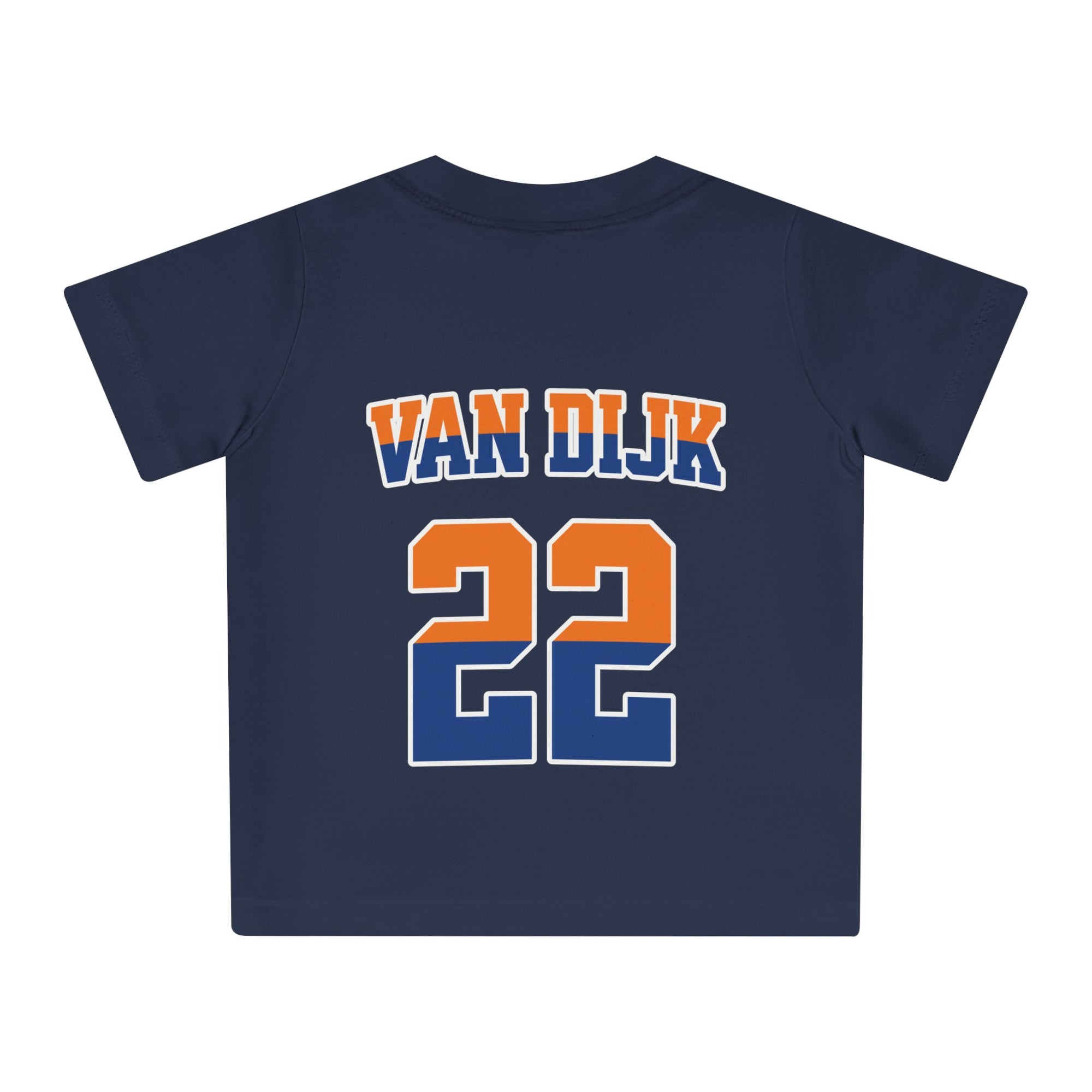 Baby T-shirt voor EK, WK en Koningsdag - Personaliseer met Naam, Jaar & Rugnummer - NEDERLAND (oranje en blauwe tekst)