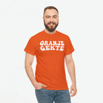 Oranje T-shirt voor heren met oversized witte tekstprint ORANJE GEKTE op de borst.