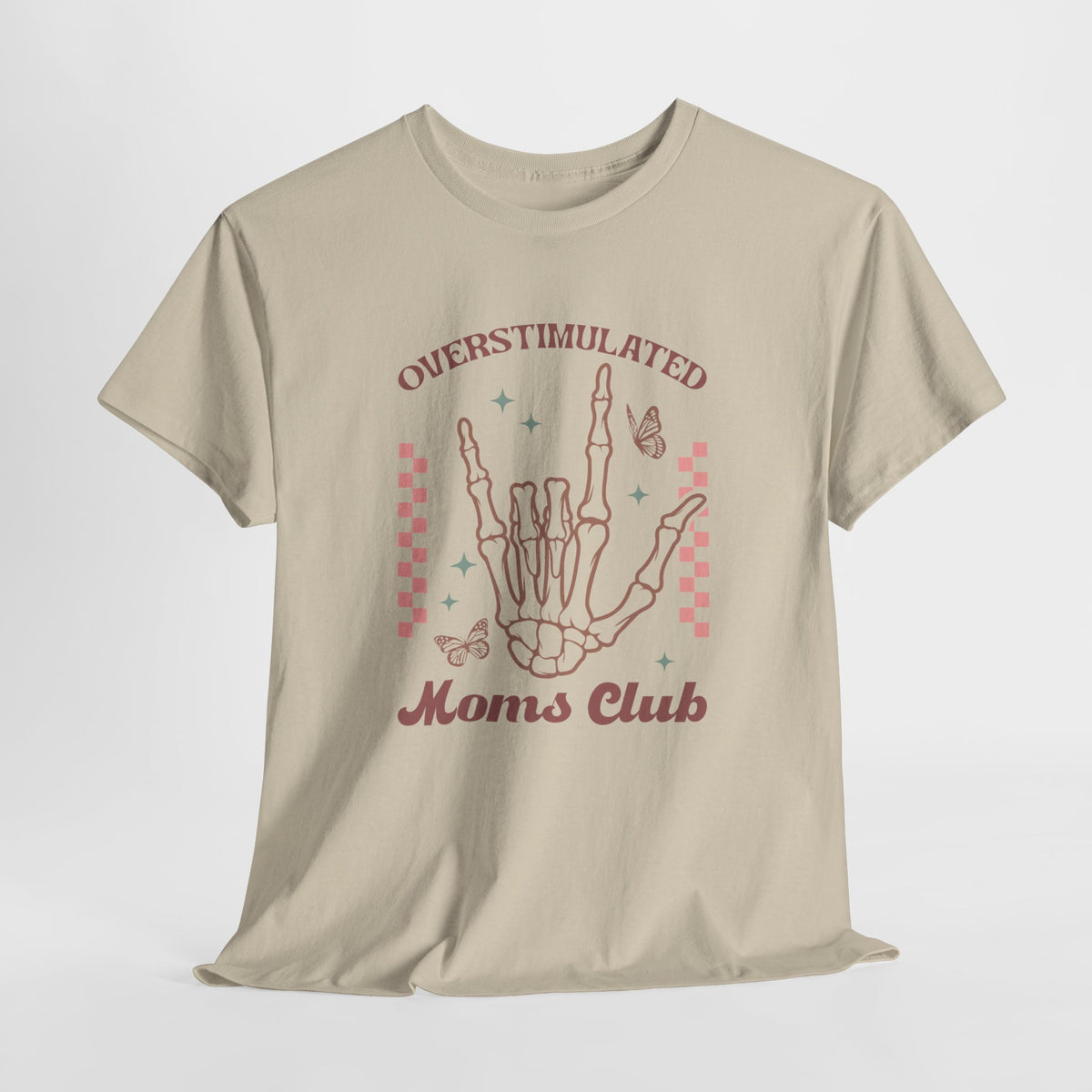 Zandkleurige oversized t-shirt met handprint-graphic en 'Moms club'-tekst voorop