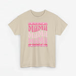 Beige oversized t-shirt met roze MAMA-print op de borst