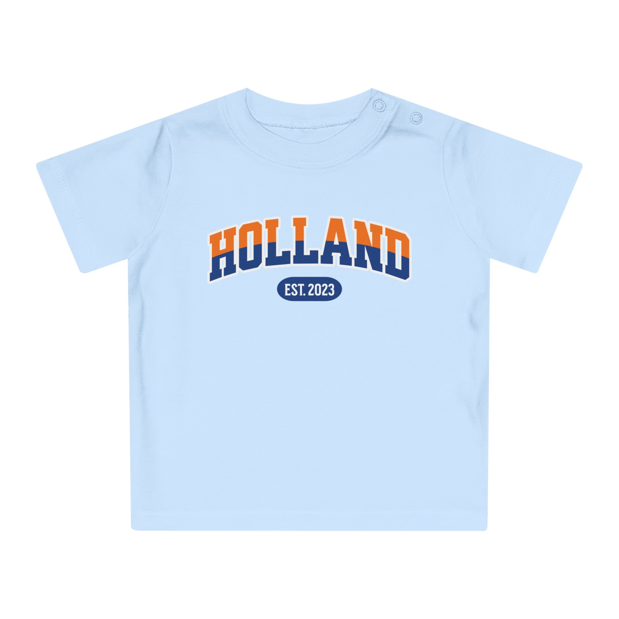 Baby T-shirt voor EK, WK en Koningsdag - Personaliseer met Naam, Jaar & Rugnummer - HOLLAND (oranje en blauwe tekst)